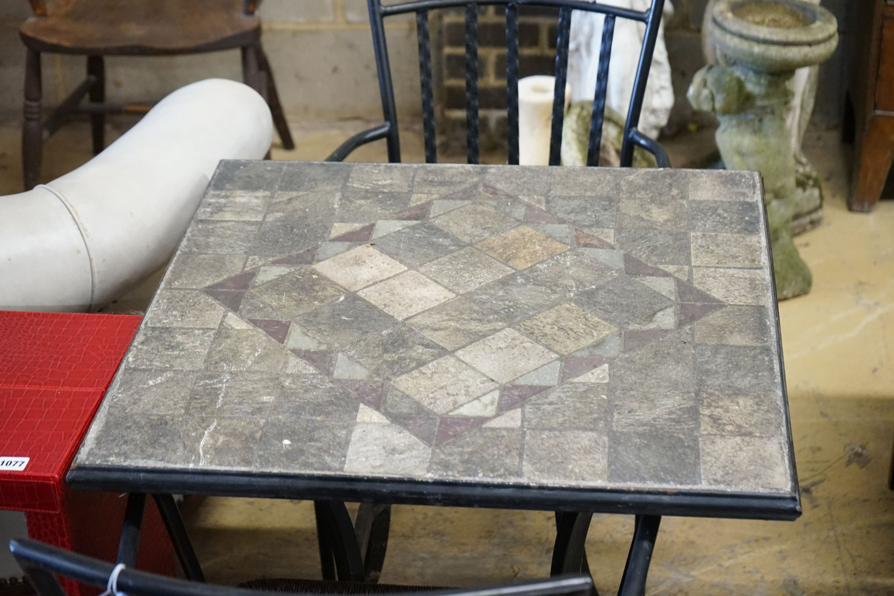 A square mosaic stone topped garden table, width 70cm, height 72cm and two matching chairs